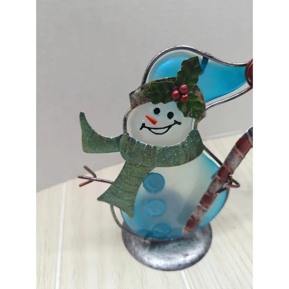 Blue white glass metal candy canes accents Snowman pair tea light candle holders